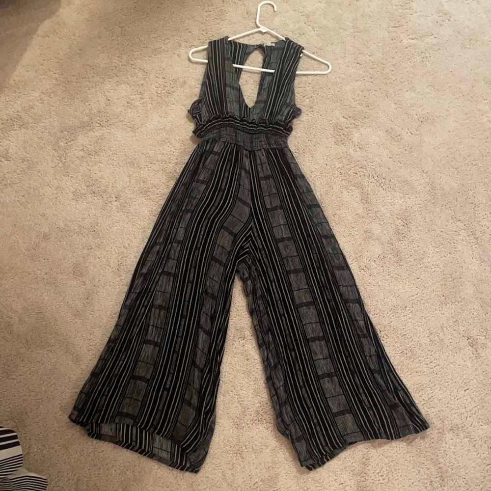 Black and white striped cropped wide leg jumpsuit